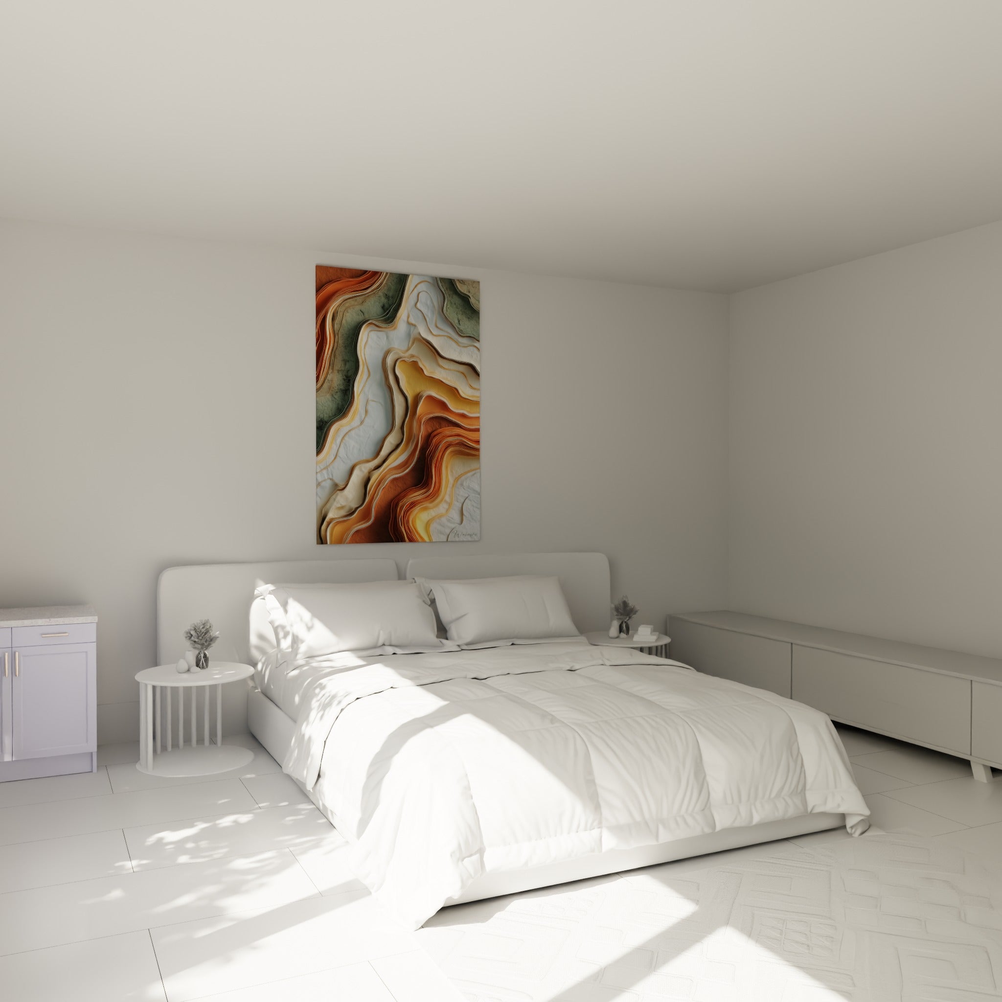 Courbes terracotta et dorées d'une coupe minérale abstraite, accrochées au-dessus d'un lit dans une chambre claire.