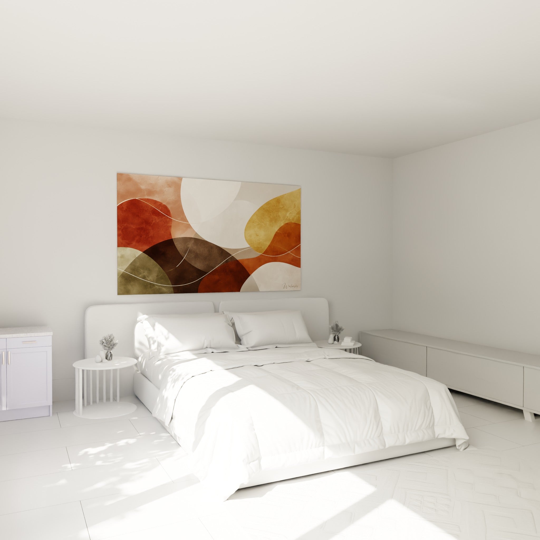 Courbes ocre, terracotta et anthracite s'entrelaçant, accrochées au-dessus d'un lit dans une chambre claire