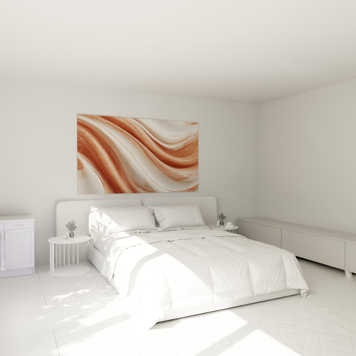 Courbes marbrées terracotta et blanc crème accrochées au-dessus d'un lit dans une chambre claire