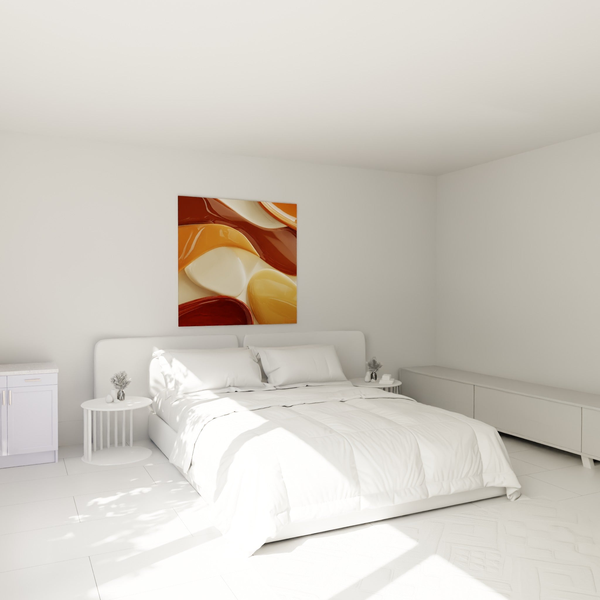Vagues terracotta en brun et ocre doré, accrochées au-dessus d'un lit dans une chambre claire