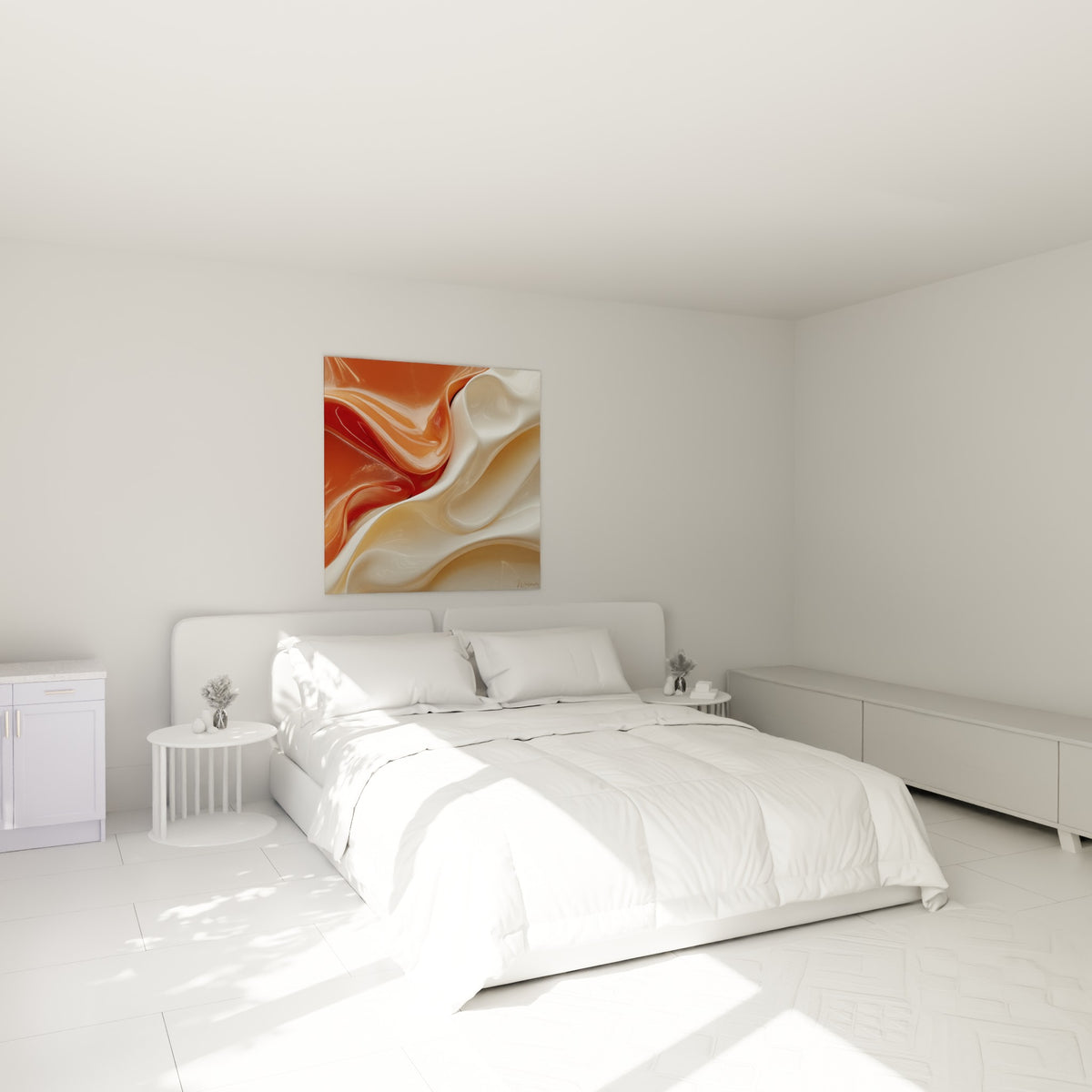 Courbes terracotta et blanc nacré ondulant en fusion, accrochées au-dessus d'un lit dans une chambre claire