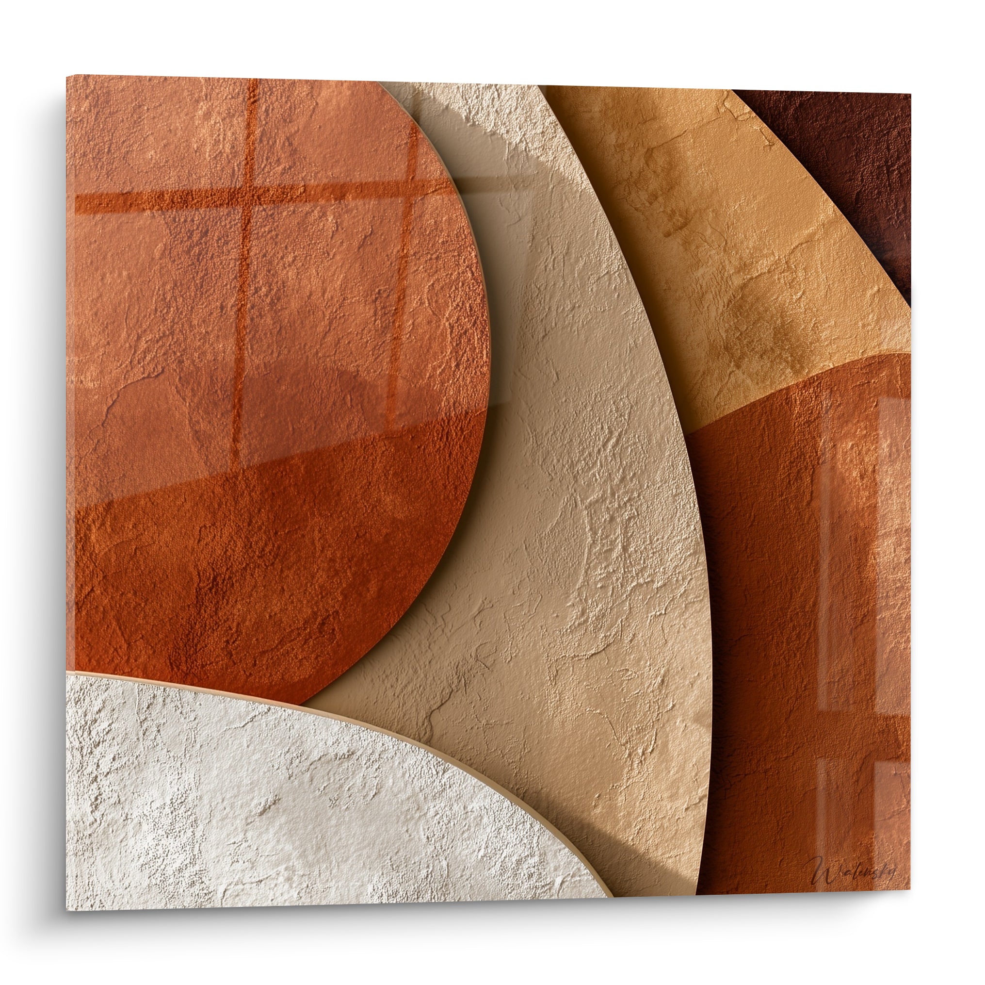Courbes terracotta et sable superposées, texture d'enduit brut, ombre orangée sur brun foncé