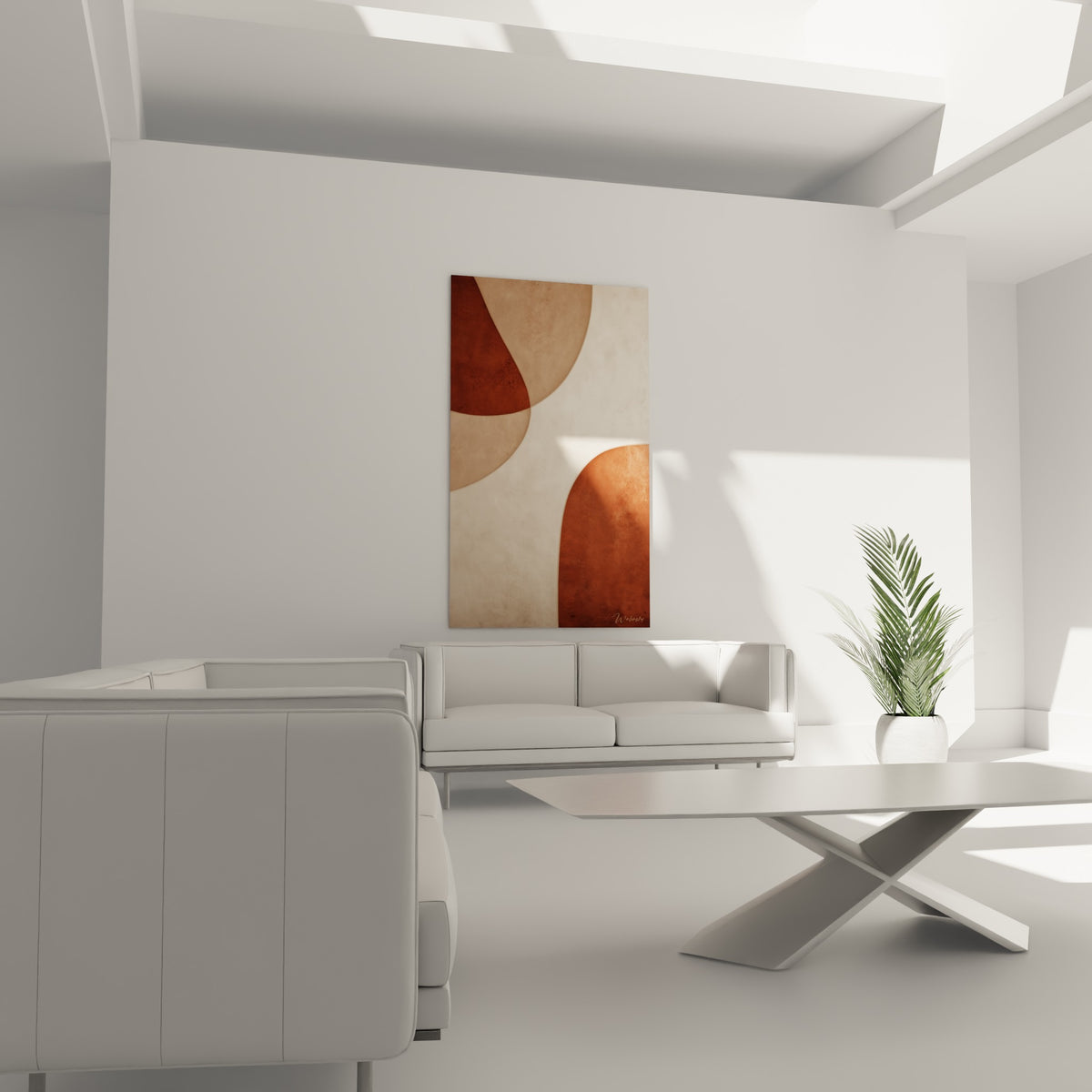 Arches brique et beige de ce tableau abstrait terracotta, au-dessus d'un canapé dans un salon lumineux