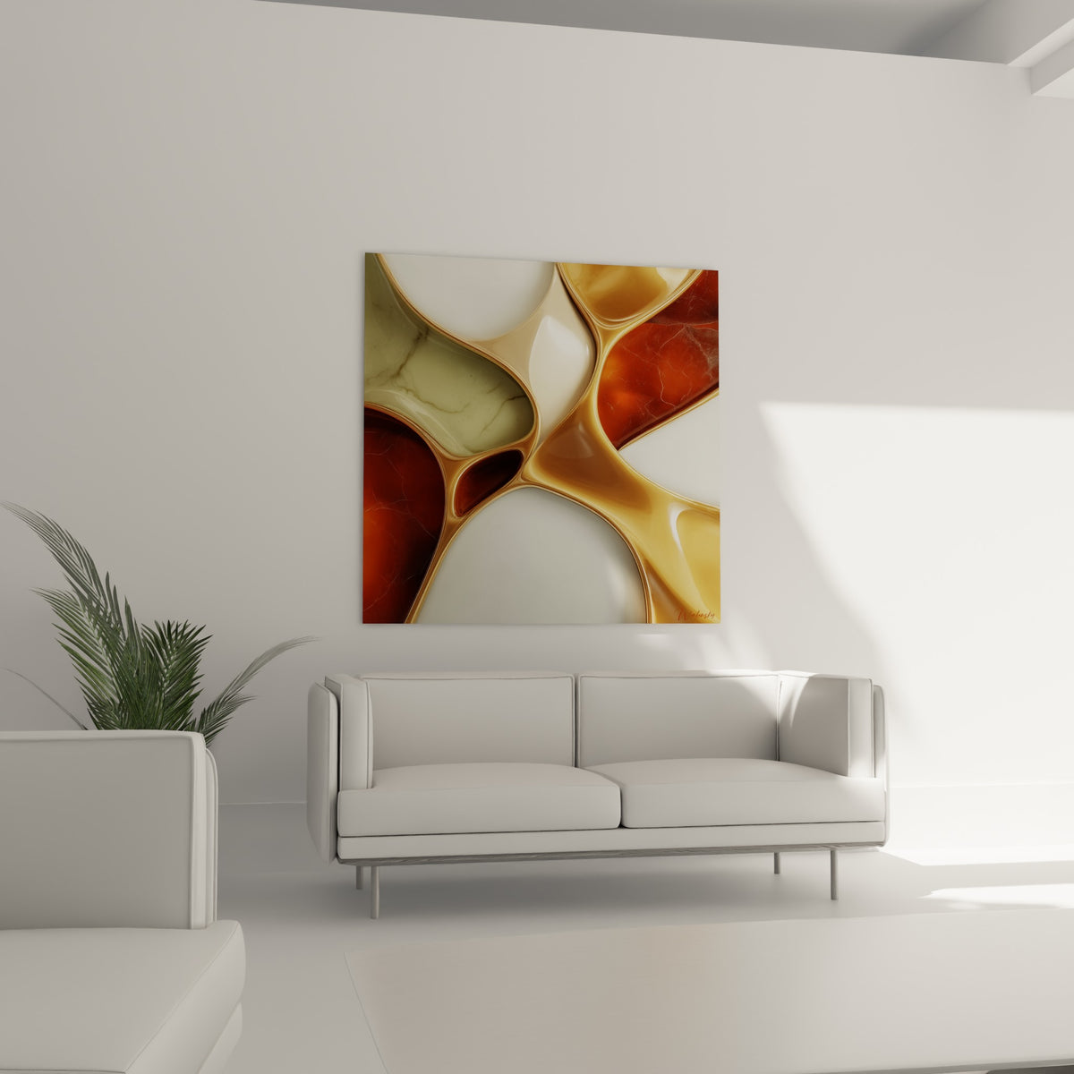 Coulées organiques terracotta et dorées sur fond blanc, au-dessus d'un canapé dans un salon lumineux