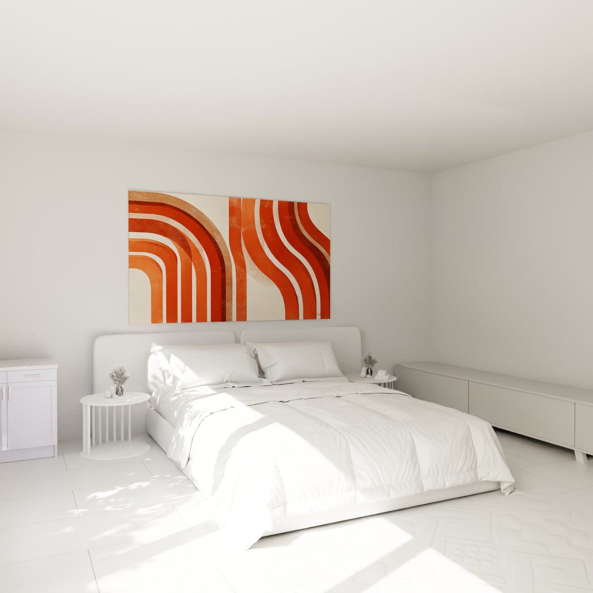 Courbes brique et orangé se déploient au-dessus d'un lit dans une chambre claire, tableau terracotta