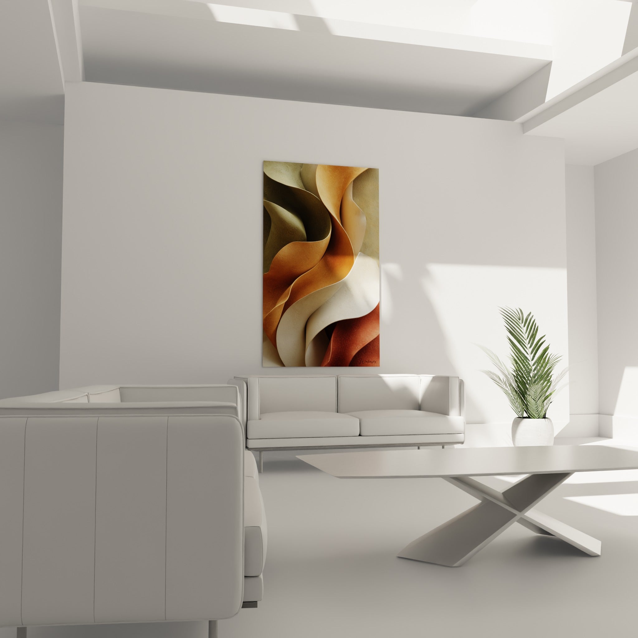 Formes ondulées terracotta et anthracite se superposant en volutes, accrochées au-dessus d'un canapé dans un salon lumineux