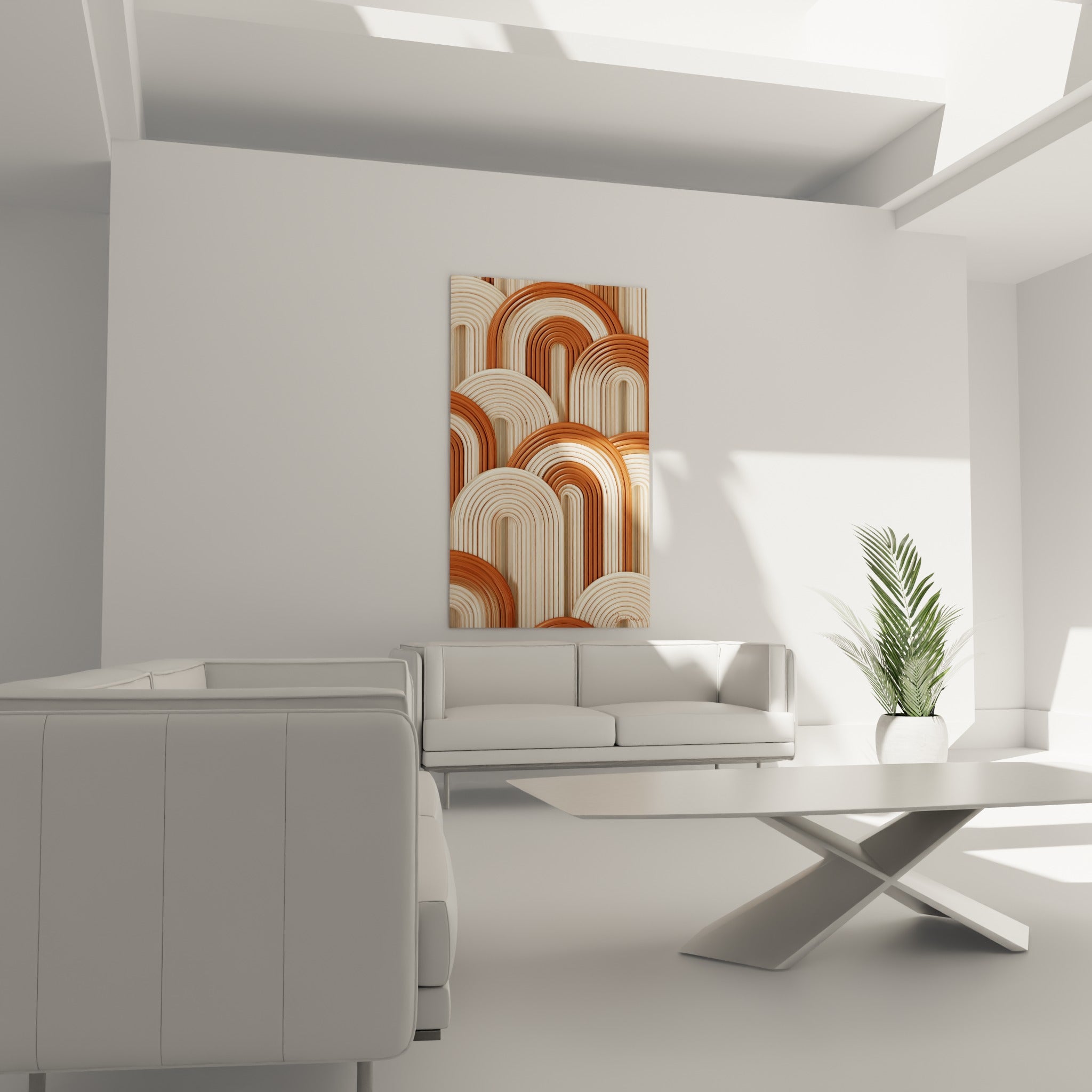Courbes Terracotta ocre et beige en volumes sculptés, au-dessus d'un canapé dans un salon lumineux
