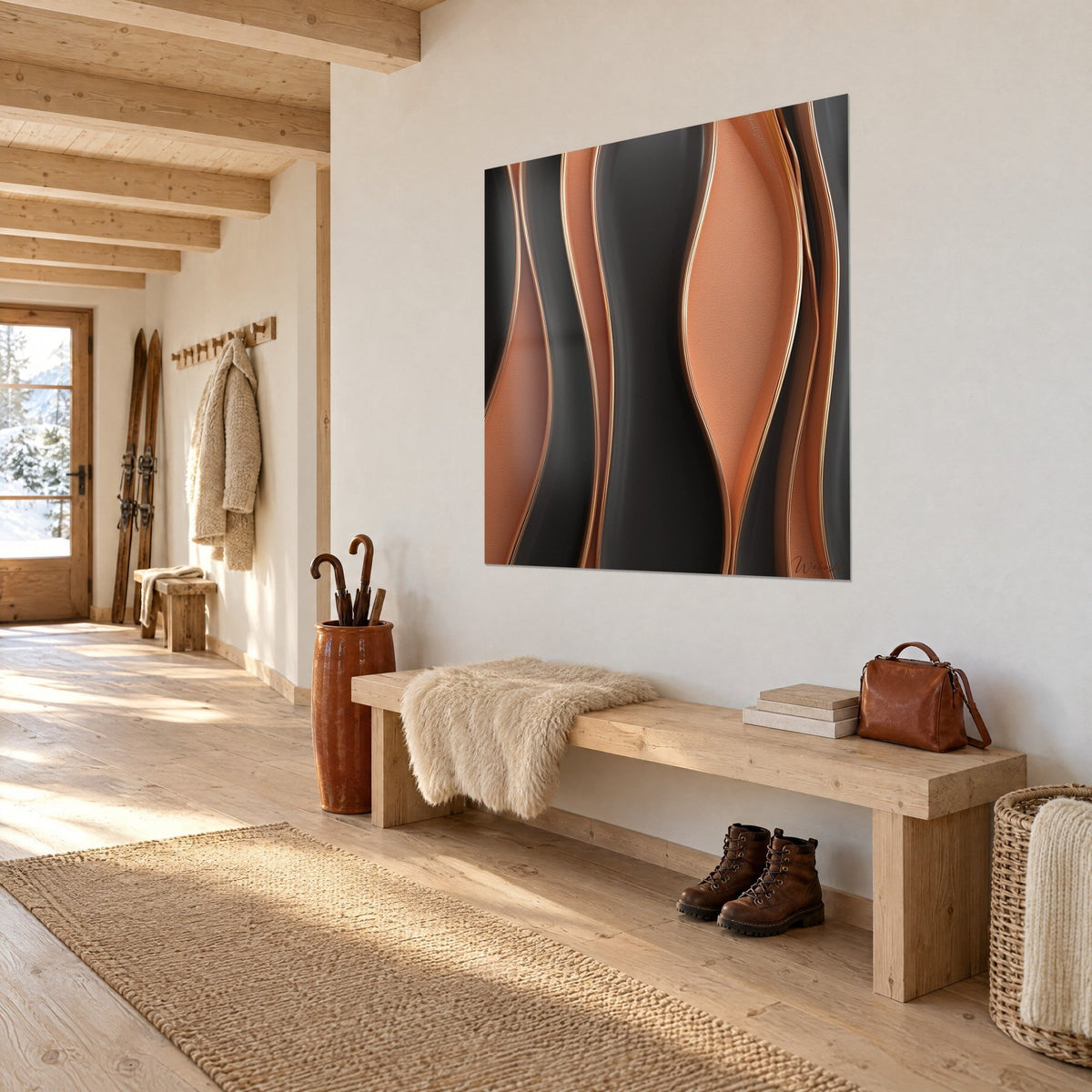Gemälde mit welligen terrakottafarbenen und kohlschwarzen Bändern, glänzende Metallkanten, weiße Wand eines Chalet-Eingangs