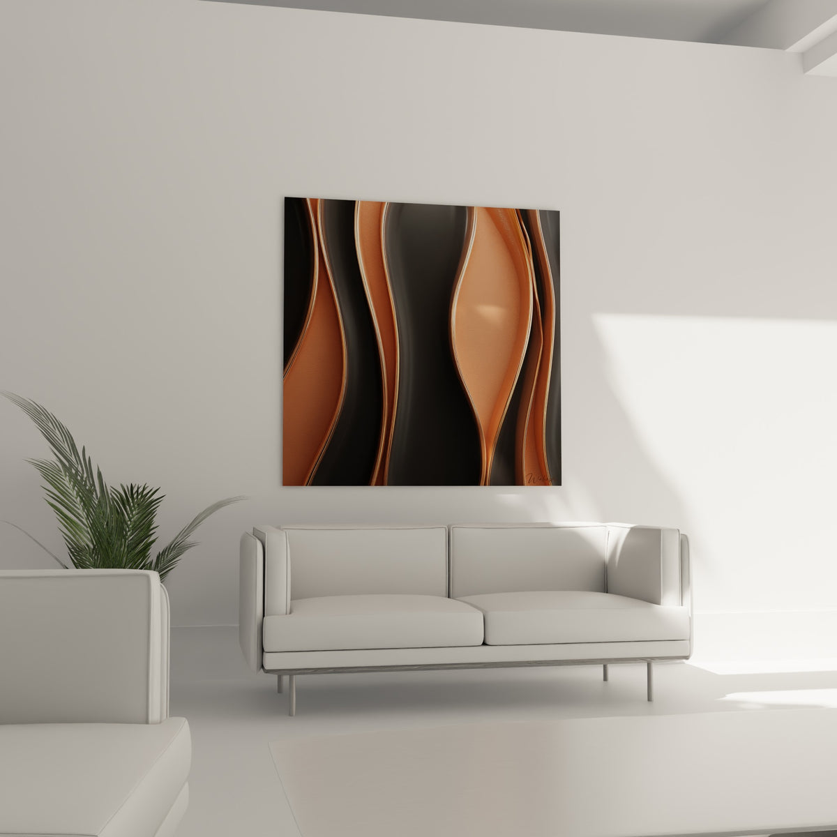 Lignes cuivrées et sombres entrelacées, tableau abstrait placé au-dessus d'un canapé dans un salon lumineux