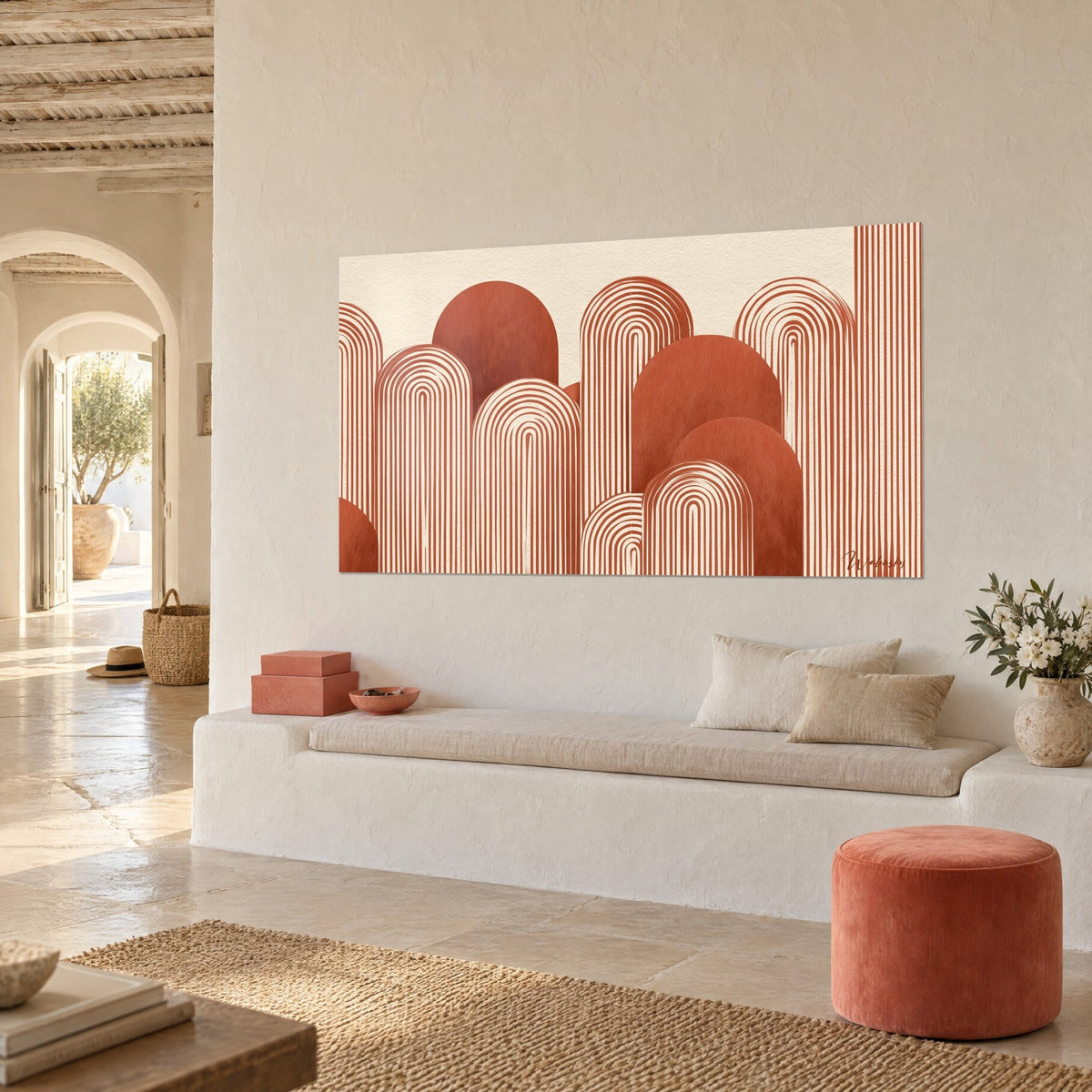Wall art with terracotta half-circles and cream wavy lines, three-quarter view of a white low wall, bench seat and rust pouf