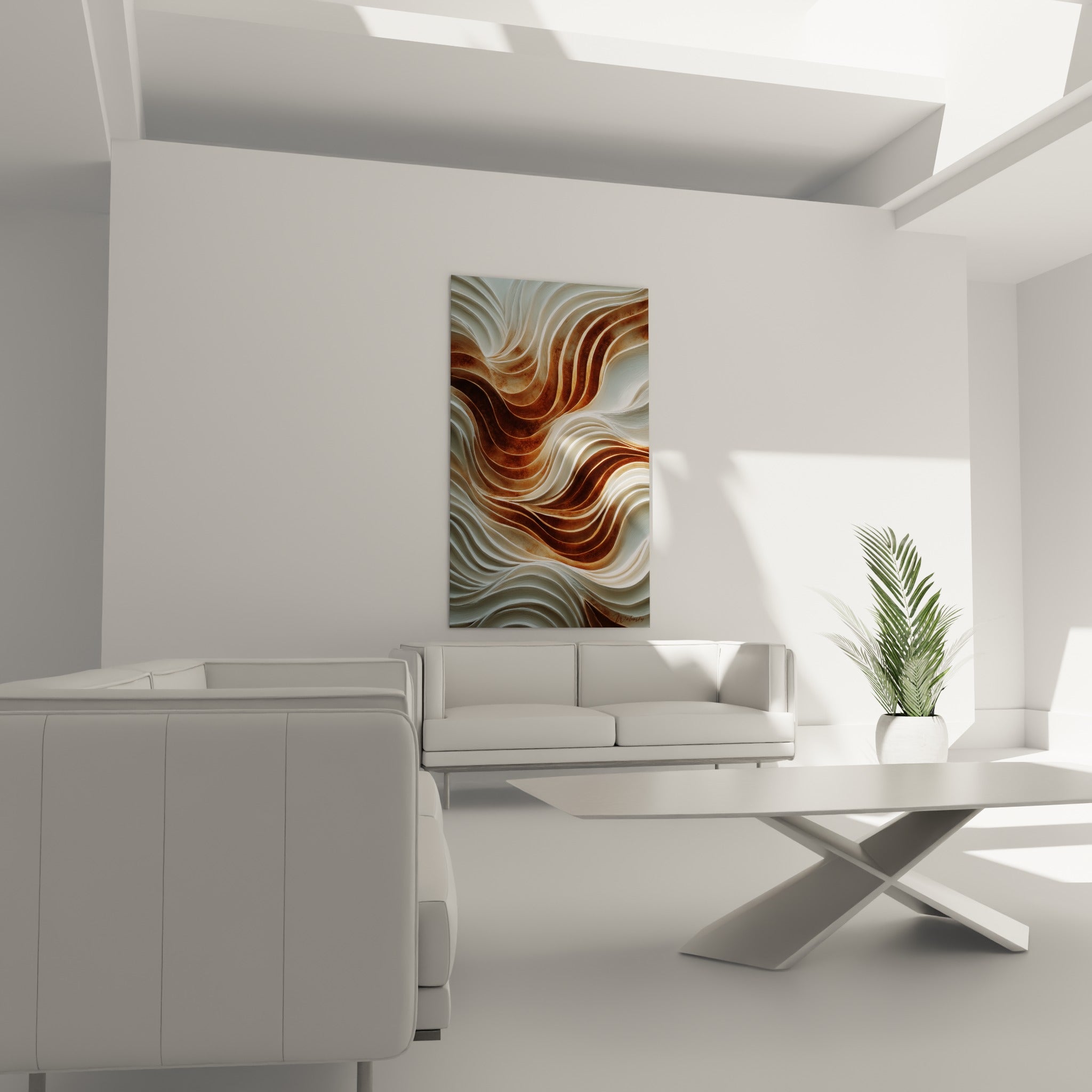 Courbes texturées ivoire et terracotta profond au-dessus d'un canapé dans un salon lumineux