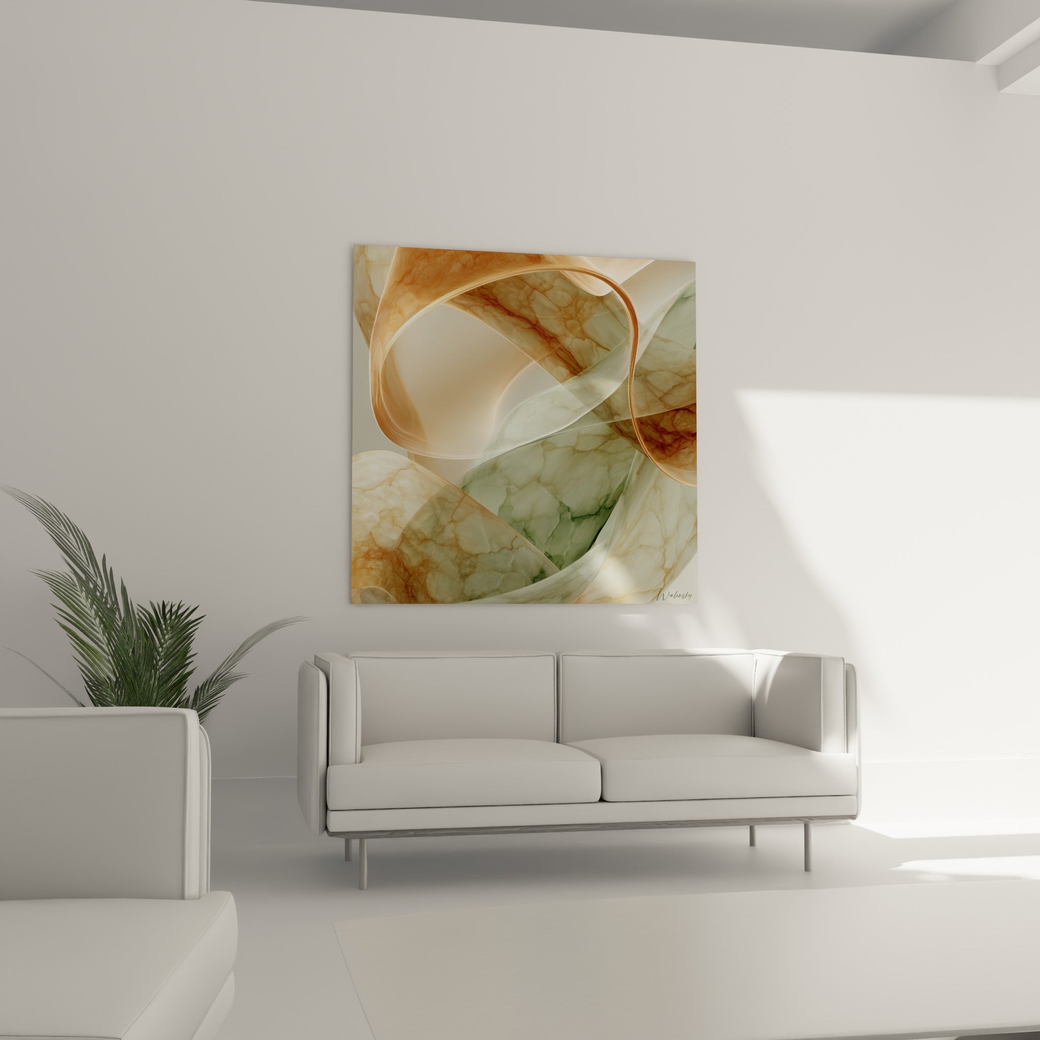 Courbes translucides ocre et vert de ce tableau Terracotta suspendues au-dessus d'un canapé dans un salon lumineux