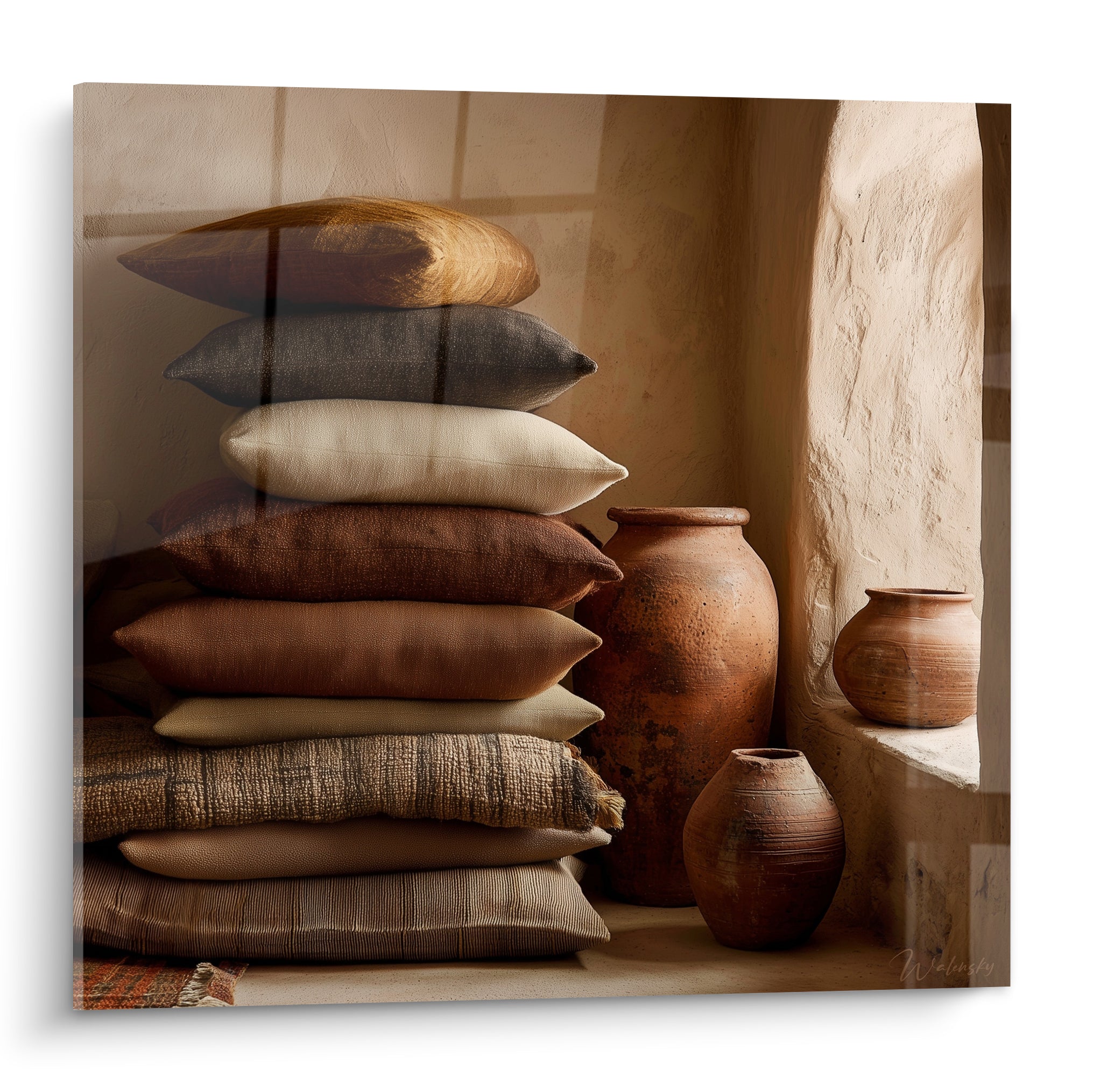 Pile de coussins terracotta et bruns près de jarres en argile cuite éclairées par une lumière douce
