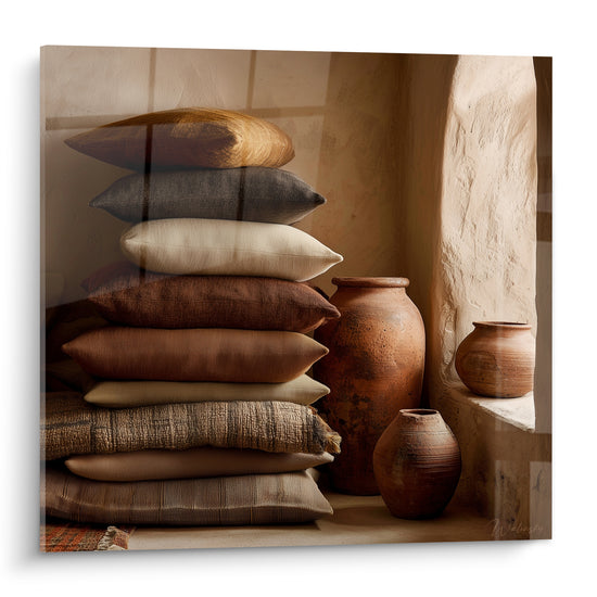 Pile de coussins terracotta et bruns près de jarres en argile cuite éclairées par une lumière douce
