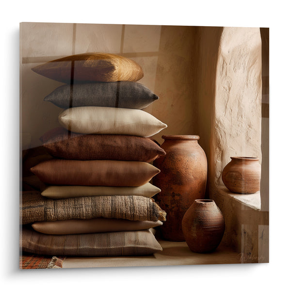Tableau Coussins empilés aux tons ocre et bruns - Refuge méditerranéen - Edition Terracotta
