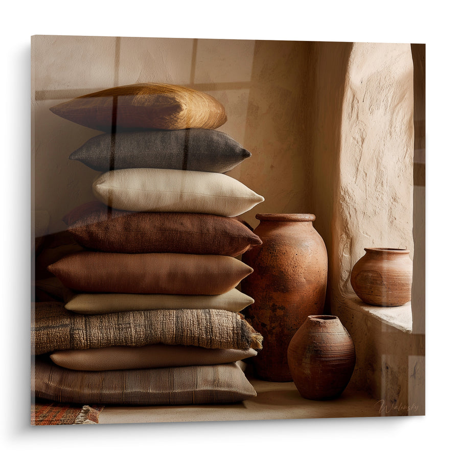 Tableau Coussins empilés aux tons ocre et bruns - Refuge méditerranéen - Edition Terracotta