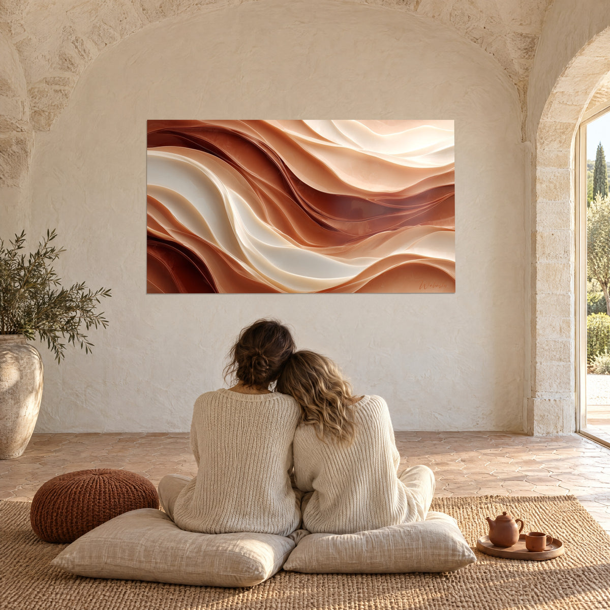Πίνακας κύματα πέτρας σε ιβουάρ και terracotta, σατινέ αντανακλάσεις, δύο άτομα καθισμένα σε μαξιλάρια στο αρχοντικό