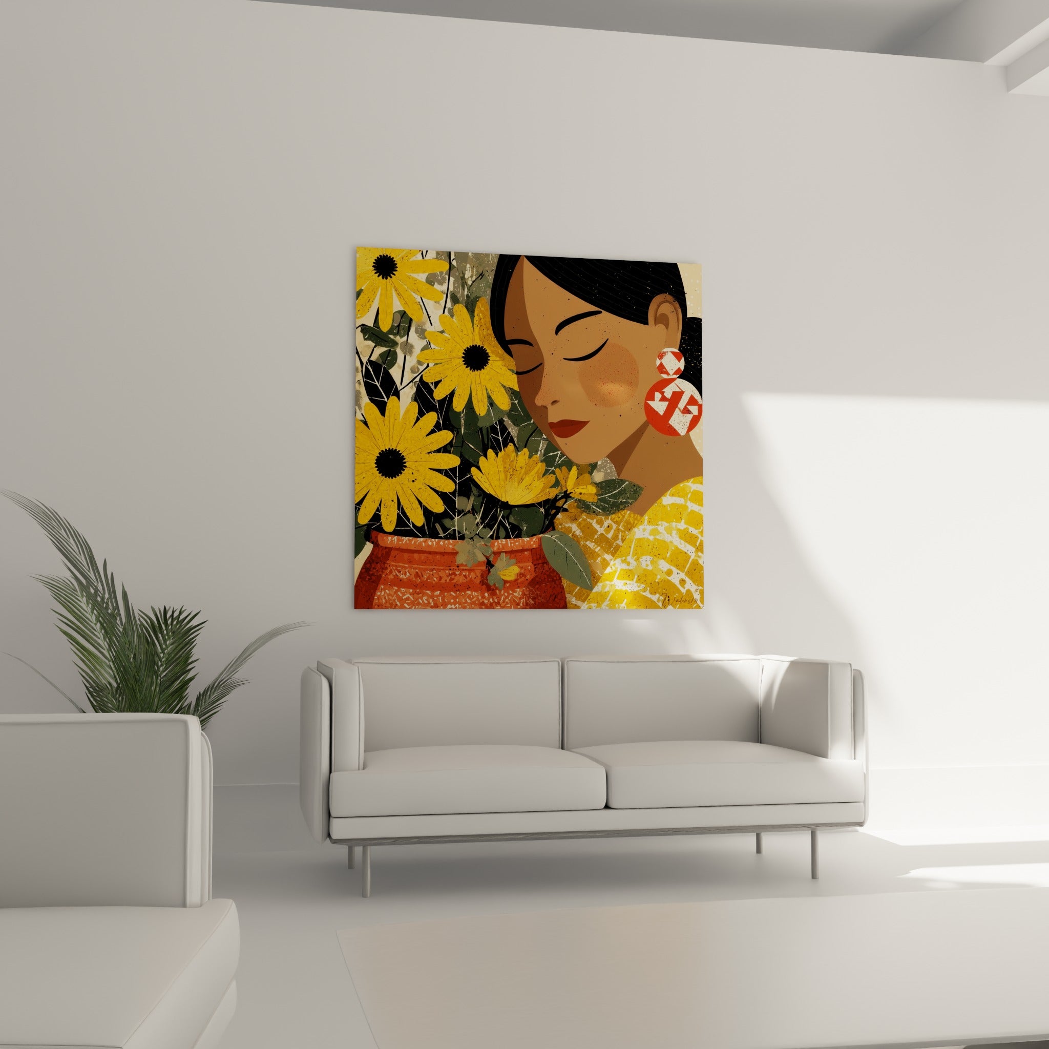 Visage serein aux teintes brunes parmi des fleurs jaunes éclatantes, tableau terracotta au-dessus d'un canapé dans un salon lumineux