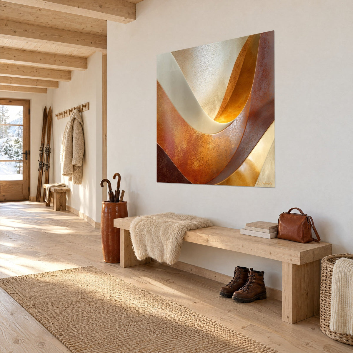 Tableau vagues sculptées crème et rouille, texture craquelée dorée, accroché en trois-quarts au-dessus d'un banc de chalet