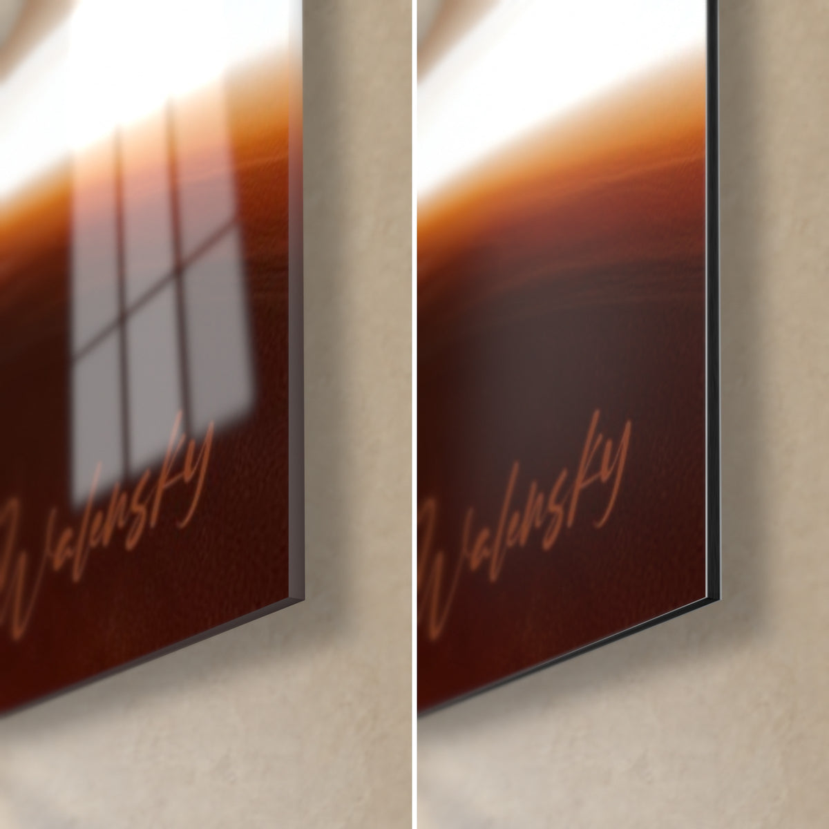 Schilderij linten baksteen en ivoor, rechtsonder: glanzend acrylglas dat een raam weerspiegelt, mat Dibond-aluminium, kant van 3 mm