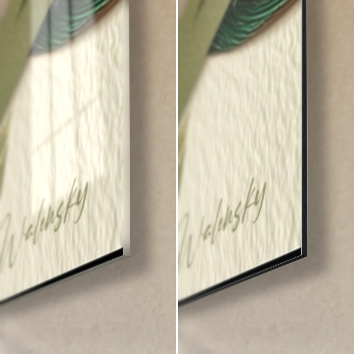 Wall art profile face with red-freckled cheeks and green foliage, bottom right corner, glossy glass on the left, matte Dibond on the right