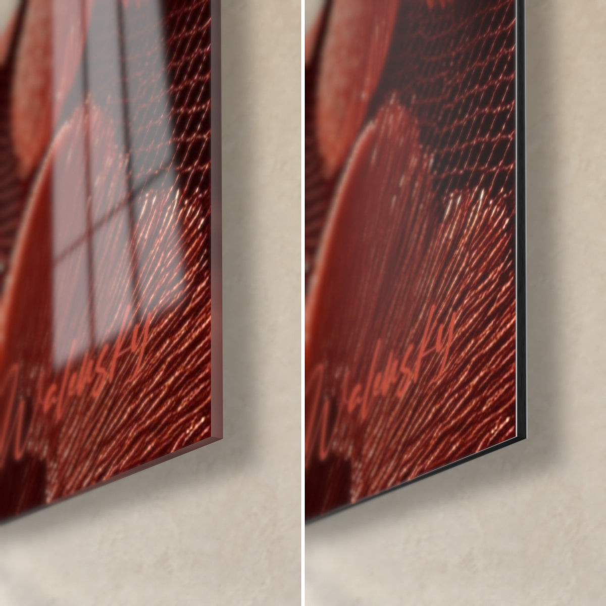 Quadro con fiori ricamati rosa cipria e mattone, angolo in basso a destra: vetro acrilico lucido che riflette la finestra, Dibond nero opaco