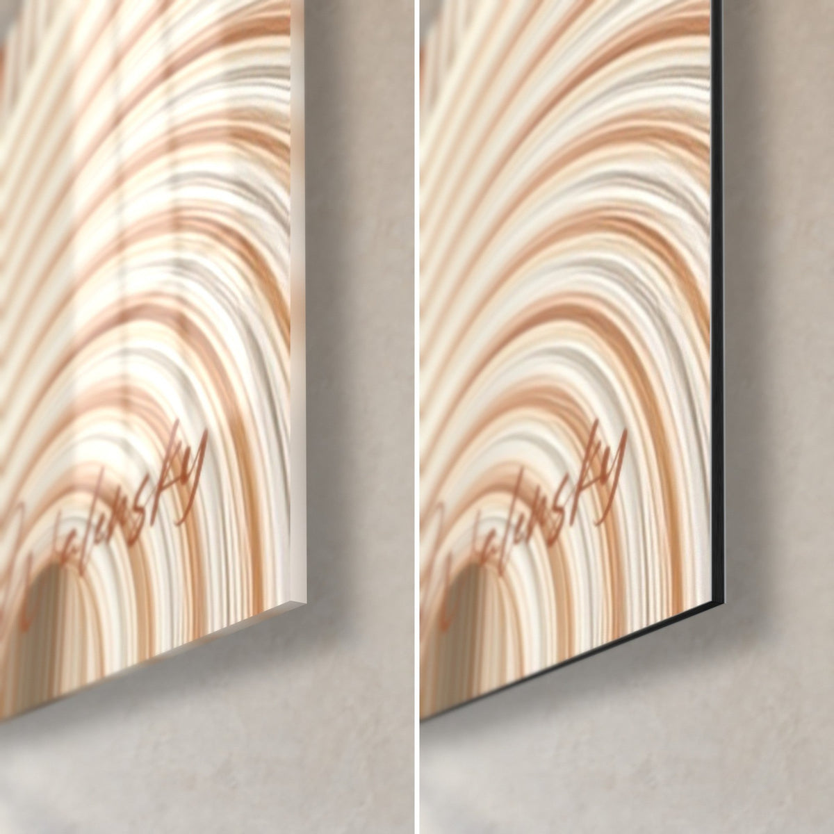 Schilderij met oranje en crème bogen, rechtsonder: glanzend acrylglas met reflecties, mat zwart Dibond-aluminium, rand van 3 mm