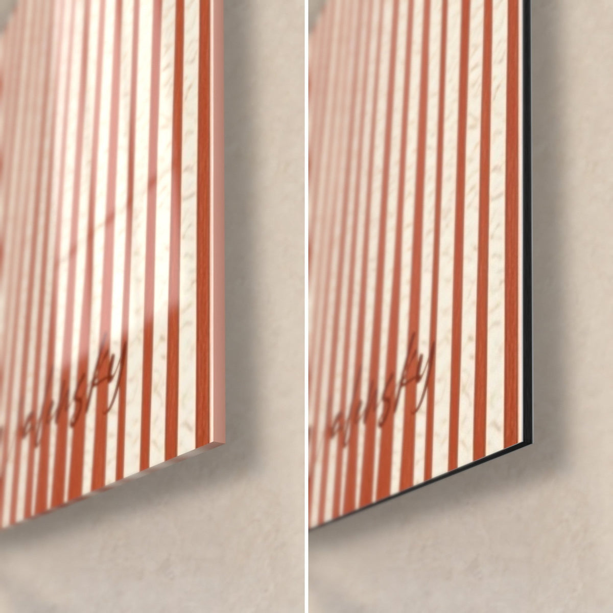 Wall art with brick-red arch lines on cream, bottom right corner: glossy acrylic glass on the left, matte Dibond and 3 mm edge on the right