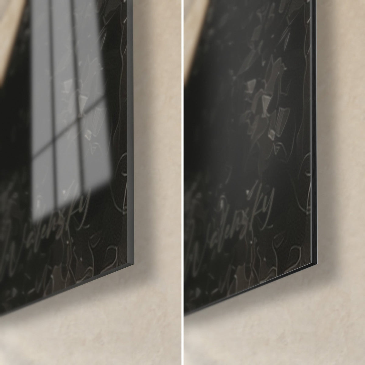 Quadro profilo astratto terracotta e nero, angolo in basso a destra in vetro acrilico lucido a sinistra e alluminio Dibond opaco a destra
