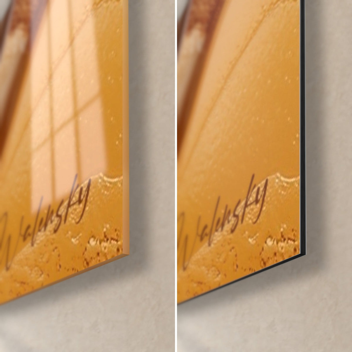 Wall art of a golden ochre sandy drift, bottom right corner: glossy acrylic glass on the left, matte Dibond aluminium on the right, 3 mm edge