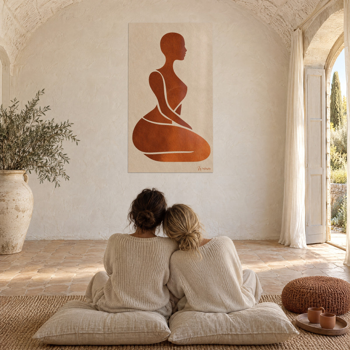 Tableau silhouette accroupie couleur argile cuite sur fond lin clair, mur chaulé, deux amies assises sur des coussins beiges