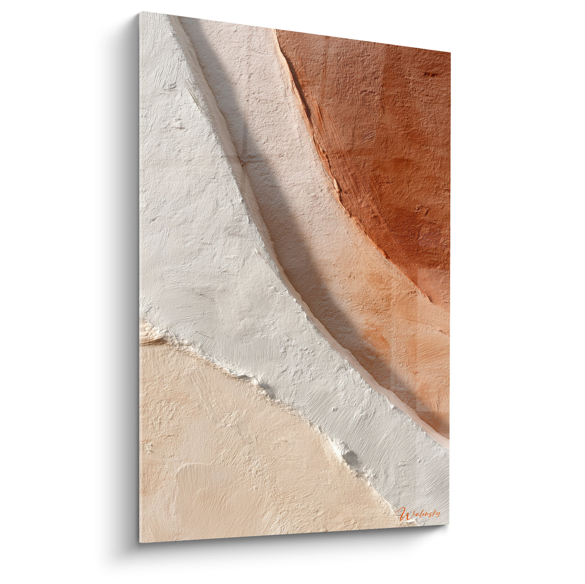 Diagonale texturée blanc crème et terracotta cuivré, matière épaisse rappelant une paroi rocheuse