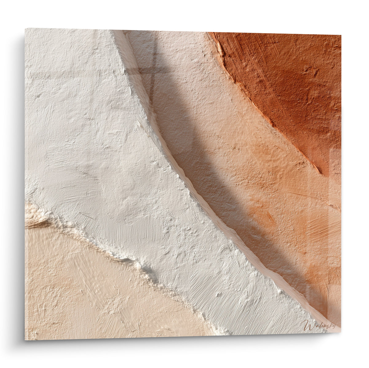 Composition abstraite terracotta : diagonale blanche crayeuse et bloc de brique orangée texturée