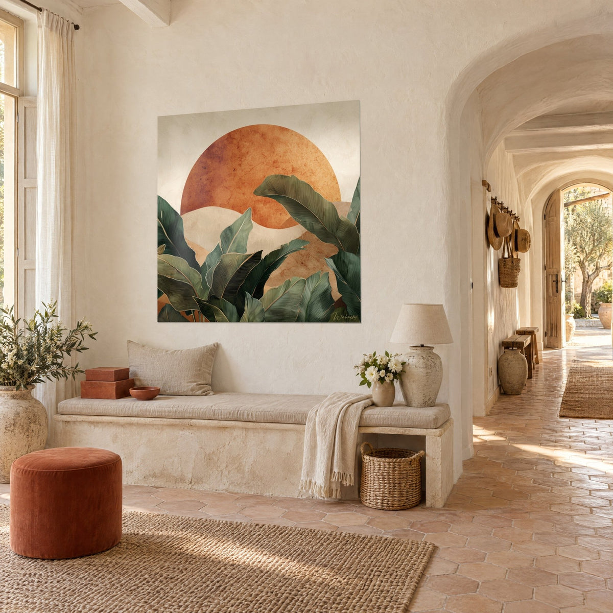 Wall art of a round copper-orange sun behind deep green veined palm fronds, beige hills, three-quarter view, Provençal farmhouse