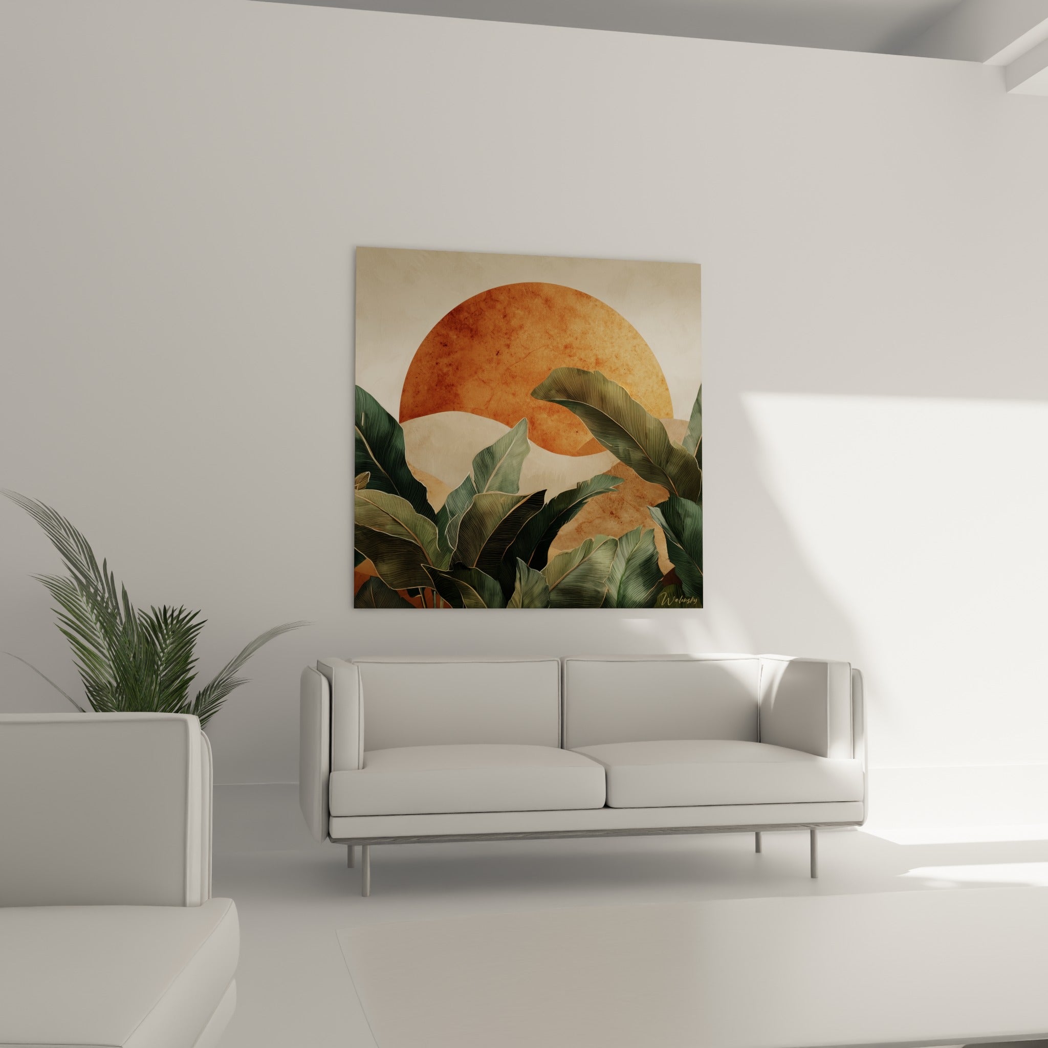 Disque terracotta et larges feuilles vertes structurant cette œuvre, au-dessus d'un canapé dans un salon lumineux