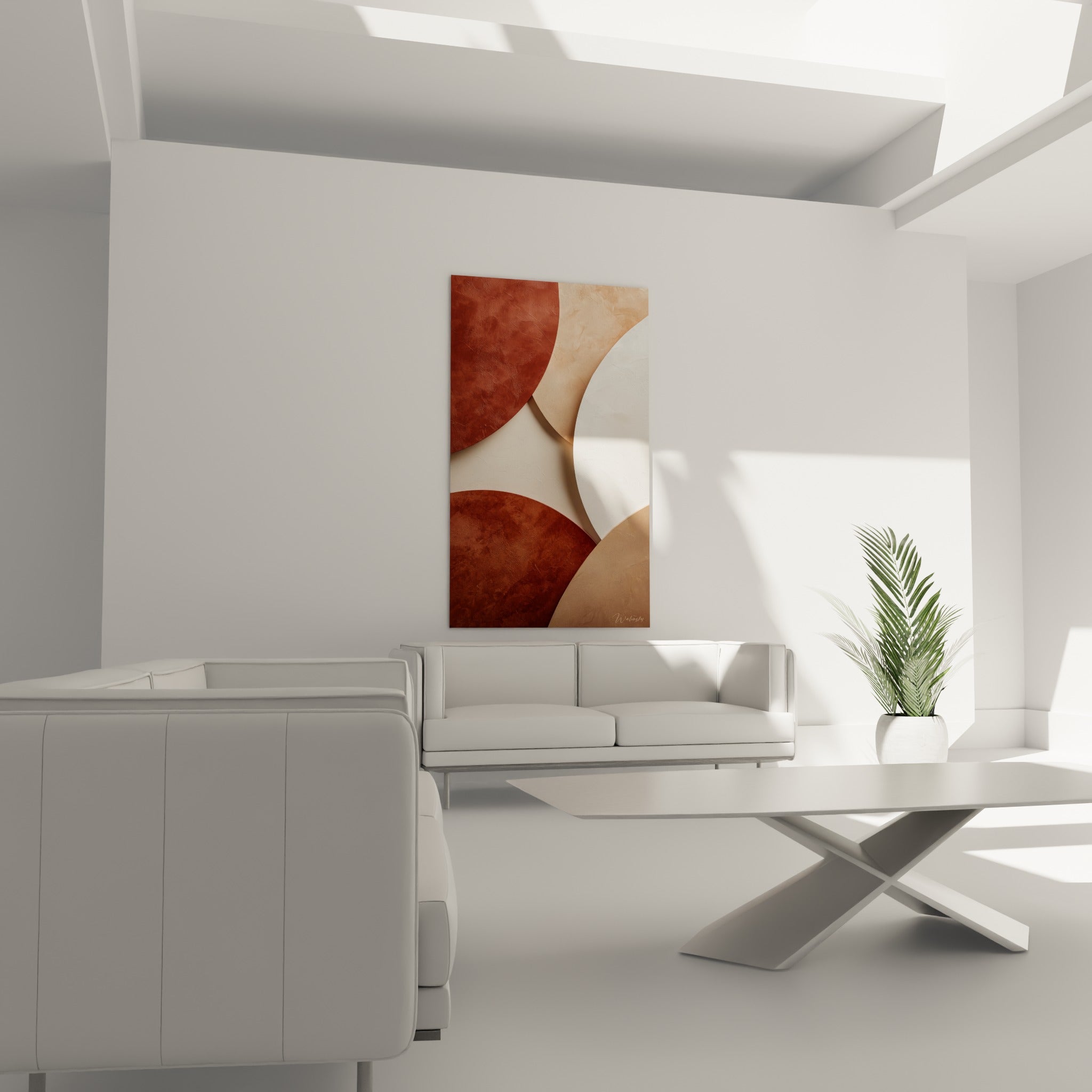 Disques superposés brique, sable et blanc cassé de ce tableau terracotta au-dessus d'un canapé dans un salon lumineux