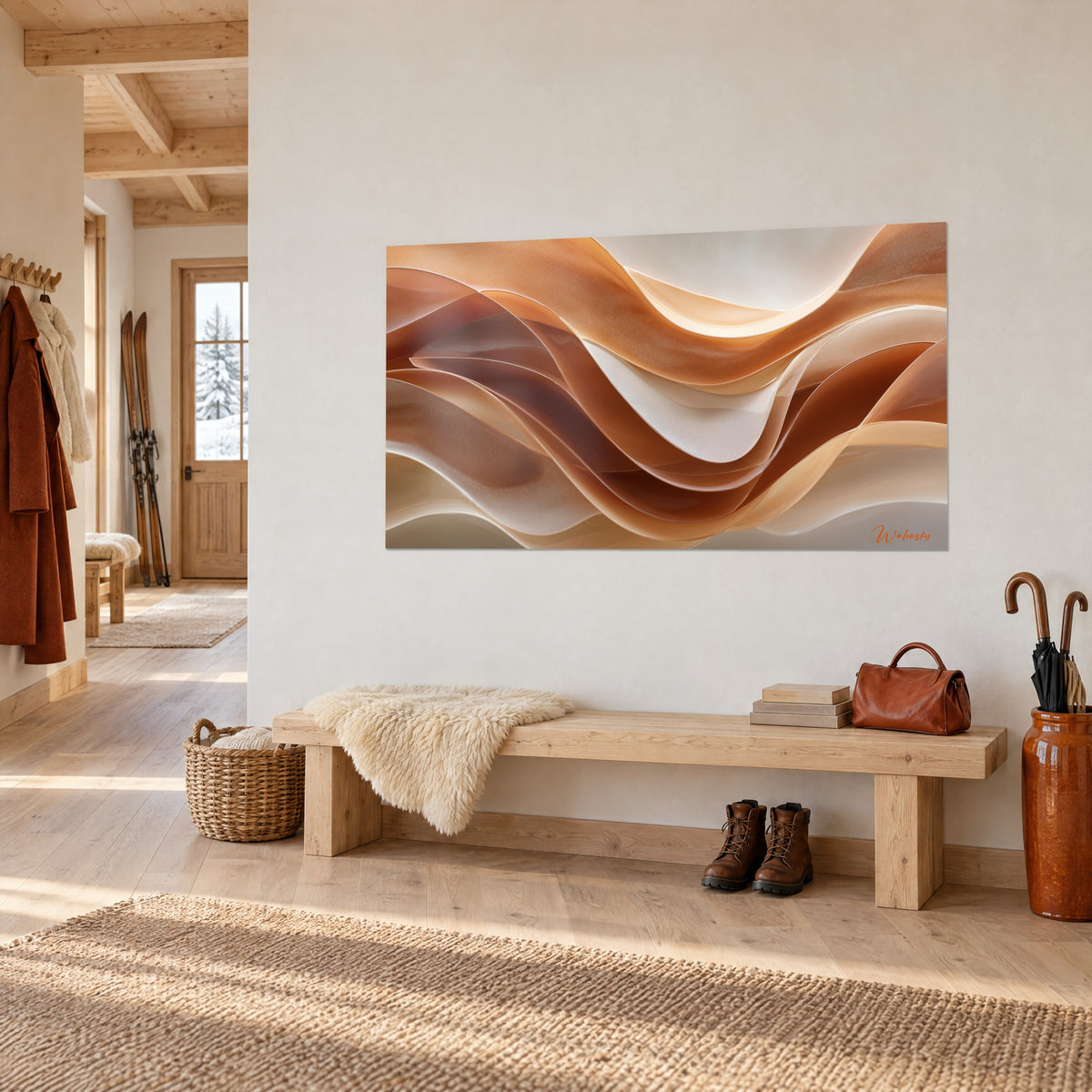 Tableau ondulations sculptées brun cuivré et crème nacré, accroché près d'un banc en bois blond dans une entrée de chalet