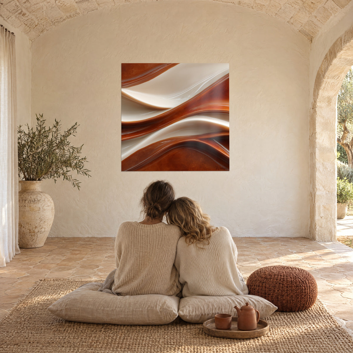 Tableau drapés liquides rouille et sable, éclats lumineux, couple de dos sur des coussins crème dans un mas provençal