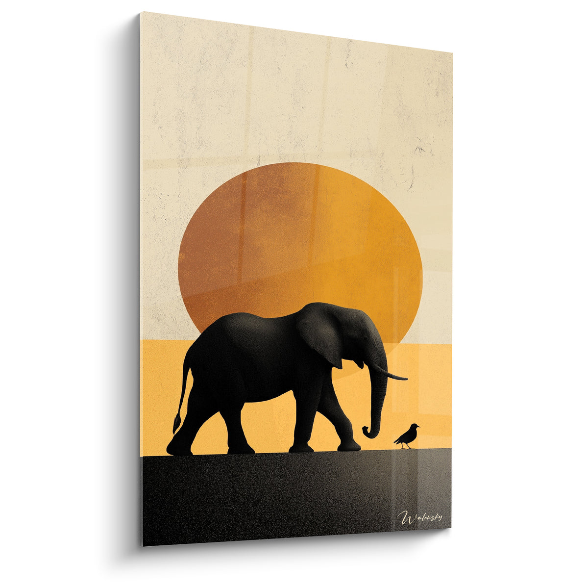 Éléphant noir de profil devant un soleil ocre, style graphique épuré sur fond sable texturé