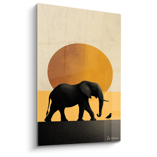Tableau Éléphant noir devant un soleil ocre - Marche crépusculaire - Edition Terracotta