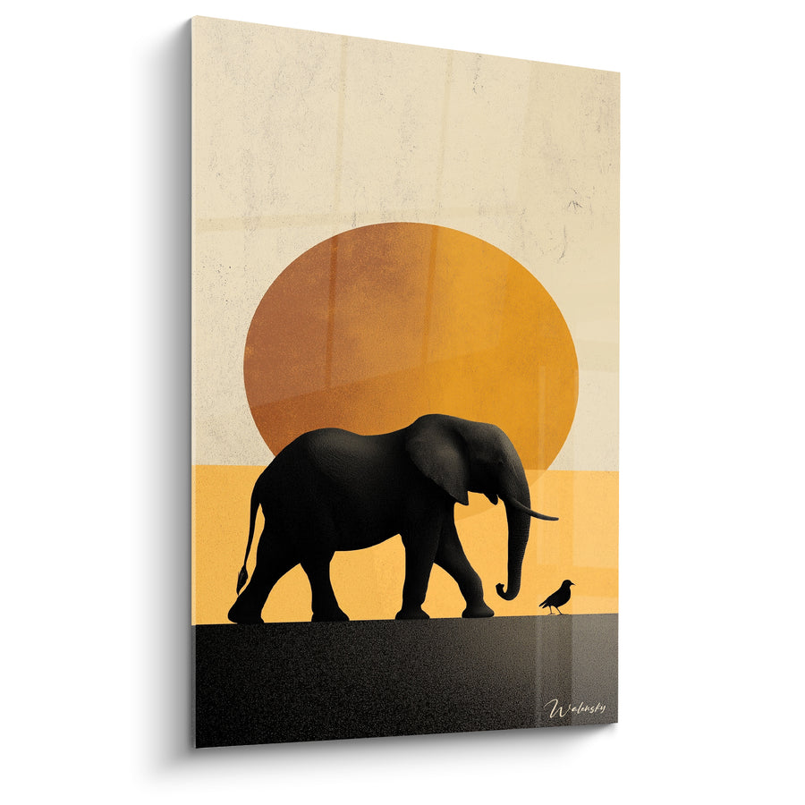 Tableau Éléphant noir devant un soleil ocre - Marche crépusculaire - Edition Terracotta