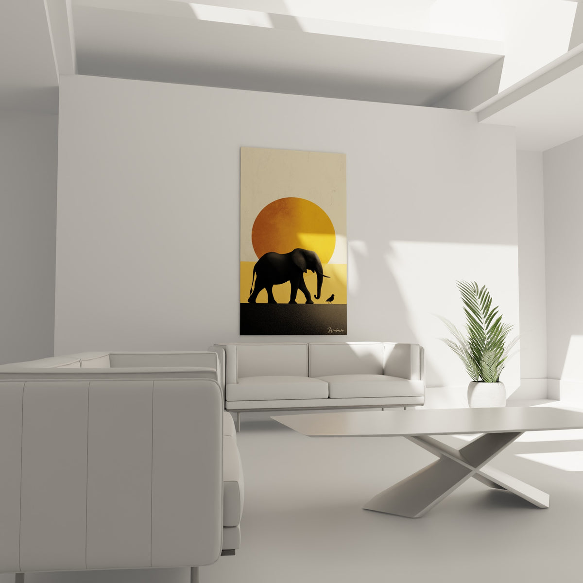 Éléphant noir marchant sous un disque orange, disposé au-dessus d'un canapé dans un salon lumineux
