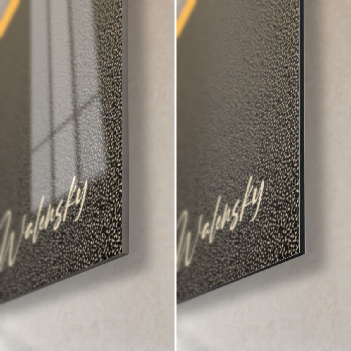 Wall art black elephant and ochre sun, bottom right corner: glossy glass reflecting the window, matte grey Dibond, 3 mm edge