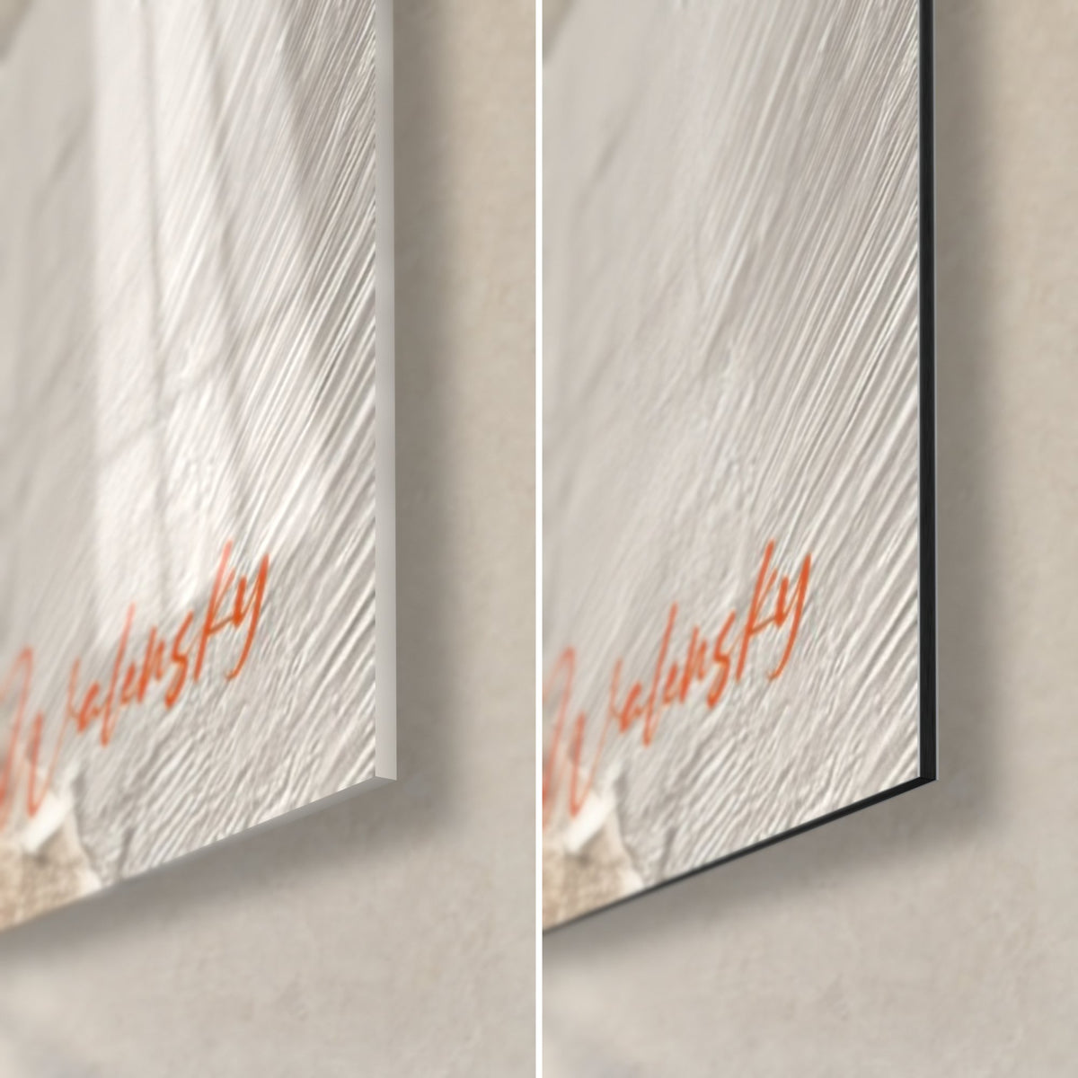 Wall art with a band of scratched white plaster, glossy glass and matte black Dibond in the bottom right corner, 3 mm edge visible