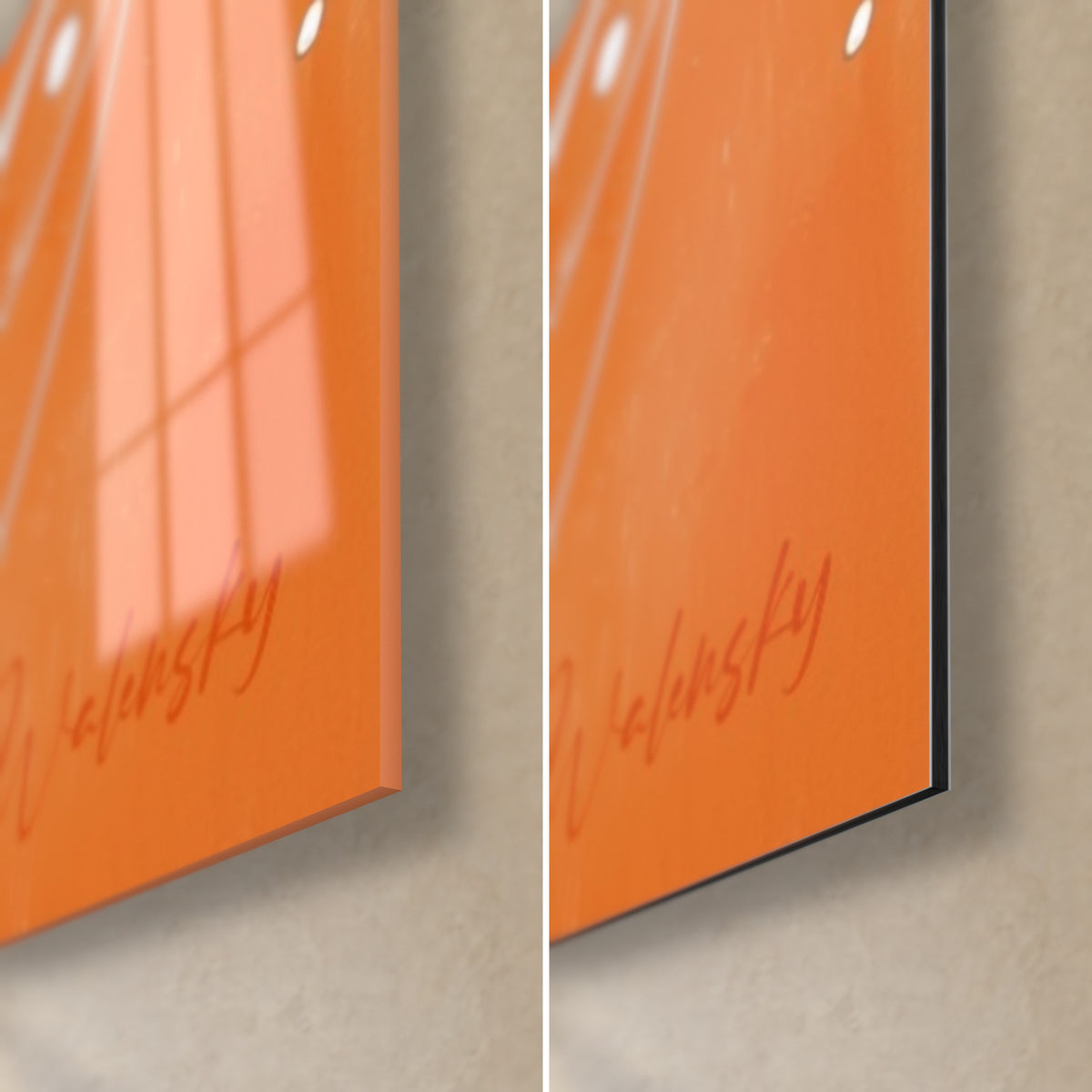 Tableau traînées laiteuses sur fond orange brûlé, coin bas droit : verre brillant à gauche, Dibond mat à droite, tranche fine