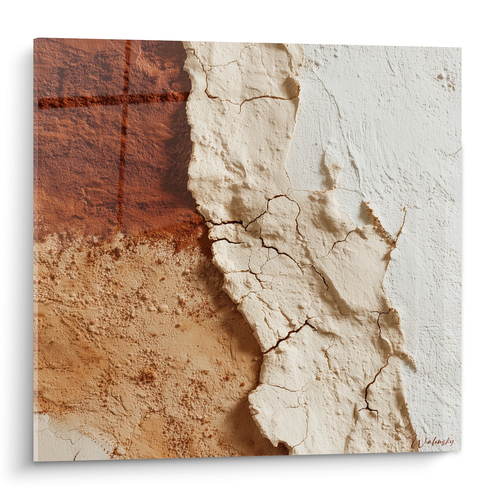 Enduit craquelé blanc et terracotta rouille, mur texturé aux fissures fines et reliefs marqués