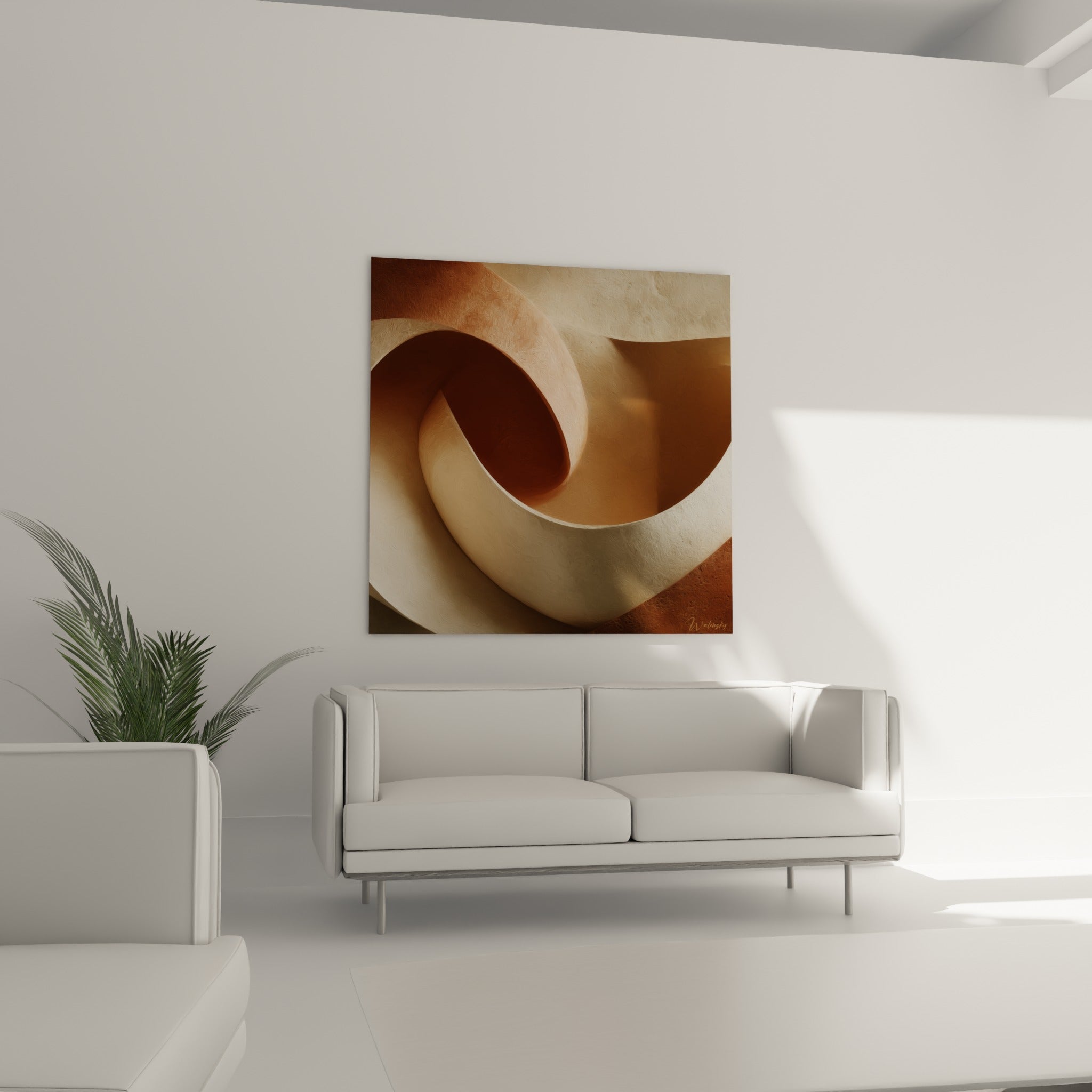 Volute beige et brique sculptée dans la lumière, disposée au-dessus d'un canapé dans un salon lumineux.