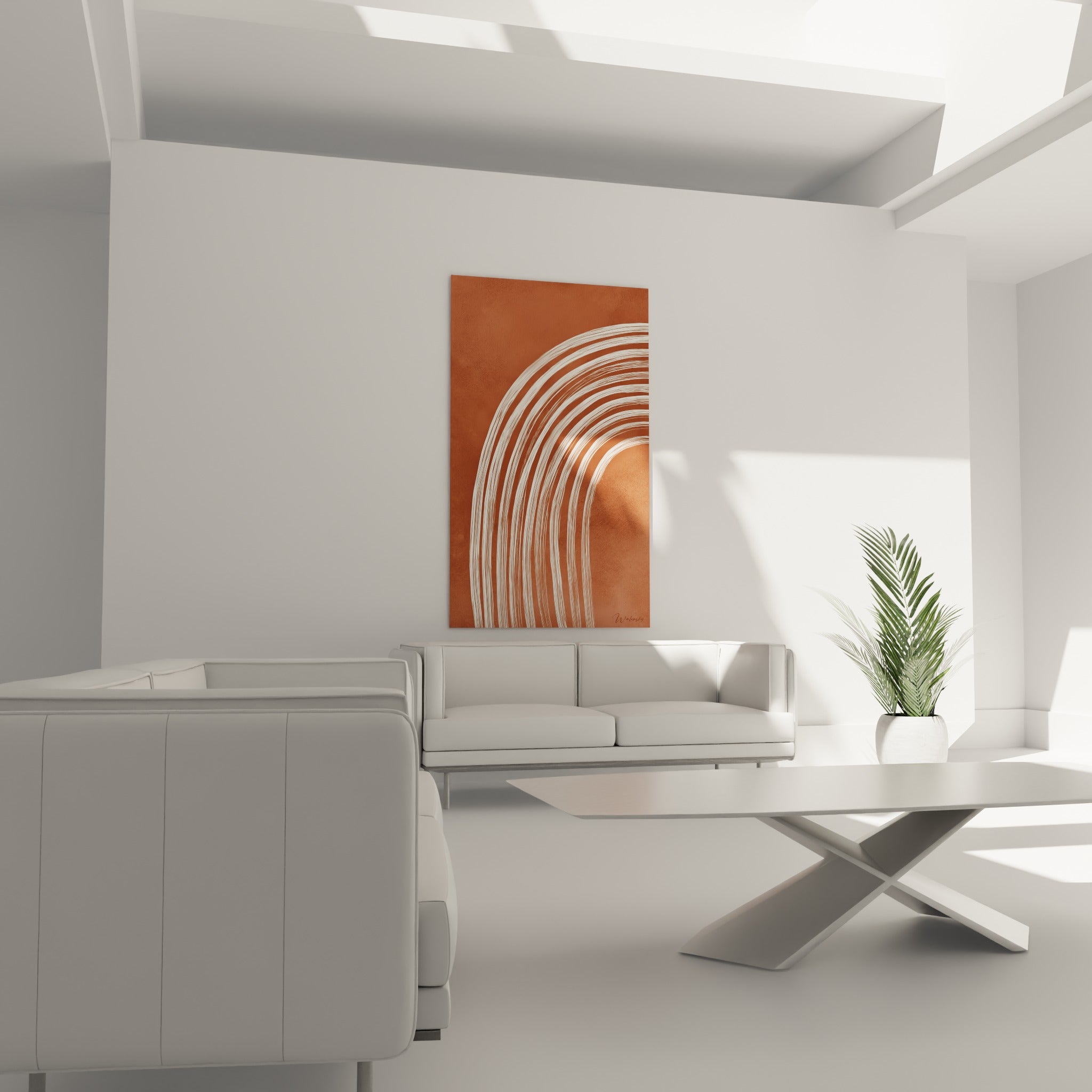 Courbes ivoire sur terracotta granuleux, disposées au-dessus d'un canapé dans un salon lumineux