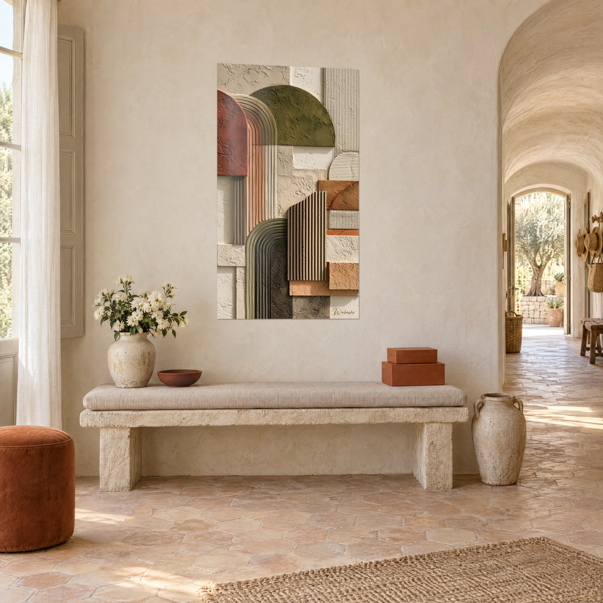 Tableau demi-dôme olive et stries beige sculptées en bas-relief sur mur crème, vu en trois-quarts dans un couloir voûté d'un mas