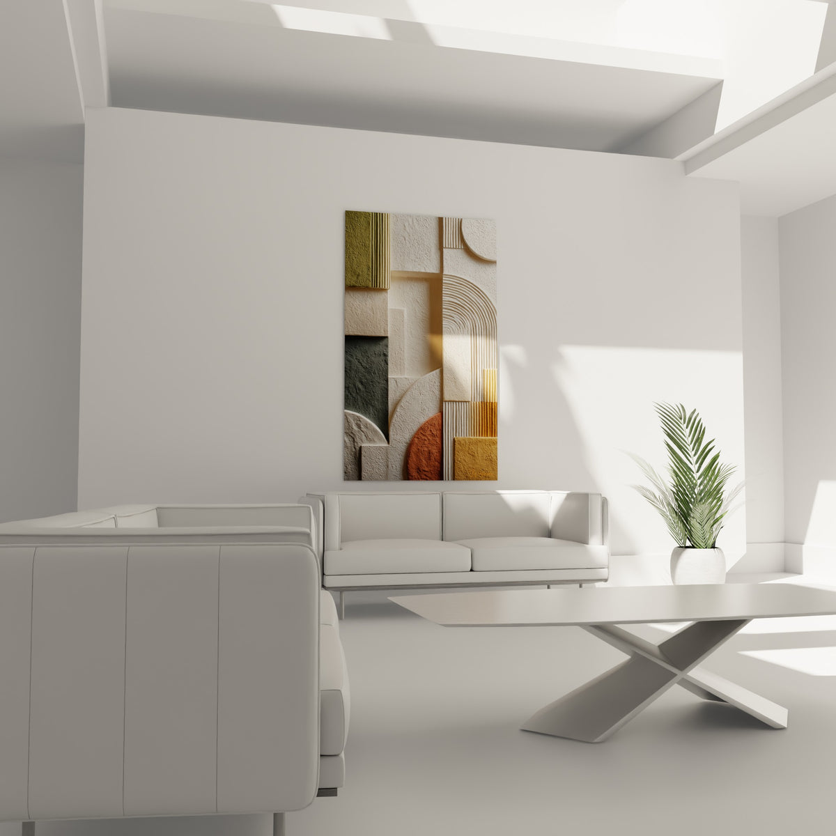 Blocs ocre et vert sauge en relief, disposés au-dessus d'un canapé dans un salon lumineux